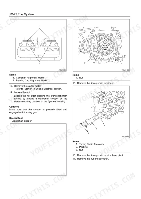 Isuzu A1-4JJ1 fuel system timing chain tensioner and camshaft alignment marks removal procedure