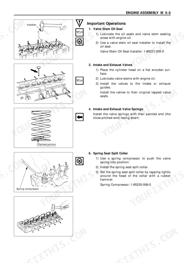 Isuzu AA-4BG1T, AA-6BG1, BB-4BG1T, BB-6BG1T valve installation procedures with diagrams