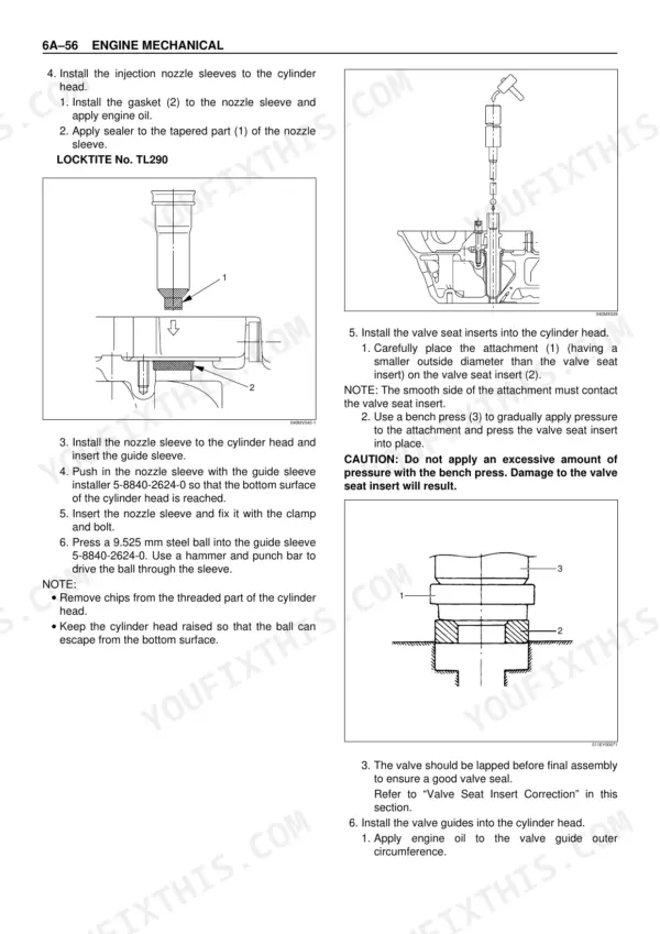 Isuzu AA-6HK1T BB-6HK1T injection nozzle sleeve and valve seat insert installation procedures