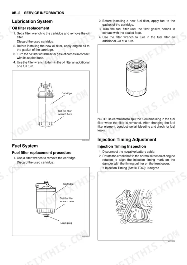 Isuzu AA-6HK1T BB-6HK1T oil filter replacement, fuel filter replacement, and injection timing adjustment procedures with diagrams