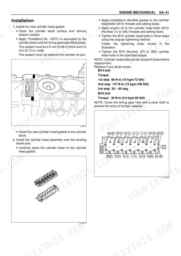 Isuzu AA-6HK1T BB-6HK1T cylinder head installation procedure with bolt torque sequence diagram M14 M10