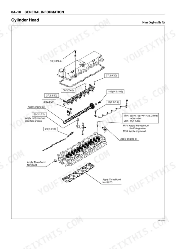 Isuzu AA-6HK1T BB-6HK1T cylinder head exploded view with torque specs N·m kgf·m lb ft and bolt lubrication notes
