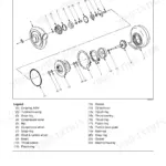 Isuzu AA-6SD1T turbocharger disassembly exploded view with compressor wheel, turbine housing, shaft, bearings, and thrust components