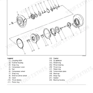 Isuzu AA-6SD1T turbocharger disassembly exploded view with compressor wheel, turbine housing, shaft, bearings, and thrust components