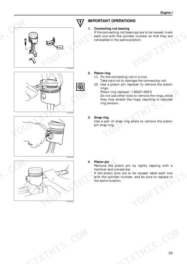 Isuzu AA-6SD1T piston disassembly procedures: connecting rod bearing, piston ring, snap ring, and piston pin removal