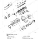 Isuzu AA-6SD1T engine disassembly 2 exploded view showing cylinder head, camshaft, crankshaft, flywheel, front cover sequence