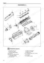 Isuzu AA-6SD1T engine disassembly 2 exploded view showing cylinder head, camshaft, crankshaft, flywheel, front cover sequence
