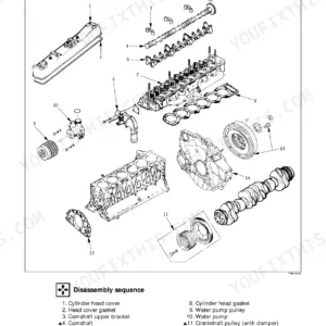 Isuzu AA-6SD1T engine disassembly 2 exploded view showing cylinder head, camshaft, crankshaft, flywheel, front cover sequence