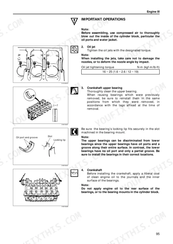 Isuzu AA-6SD1T engine assembly procedures for oil jet torque, crankshaft upper bearing installation, and crankshaft lubrication