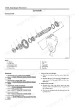 Isuzu AU-4LE2 BV-4LE2 camshaft exploded view with gear, flyweight, bearings, and removal procedure