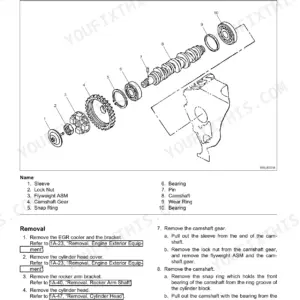 Isuzu AU-4LE2 BV-4LE2 camshaft exploded view with gear, flyweight, bearings, and removal procedure