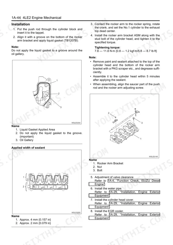 Isuzu AU-4LE2 BV-4LE2 engine mechanical rocker arm bracket installation procedure with sealant application diagrams