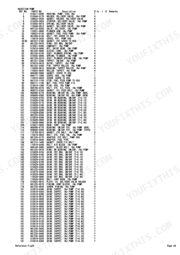 Isuzu BB-4BG1-TRE injection pump parts list with part numbers, descriptions, and quantities