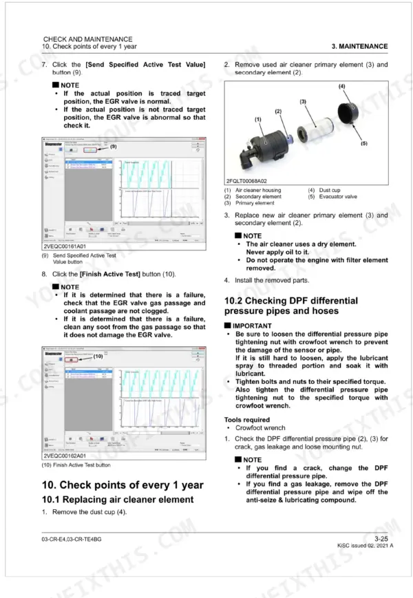 Kubota 03-CR-E4, 03-CR-TE4BG annual maintenance procedures: air cleaner element replacement and DPF differential pressure pipes inspection