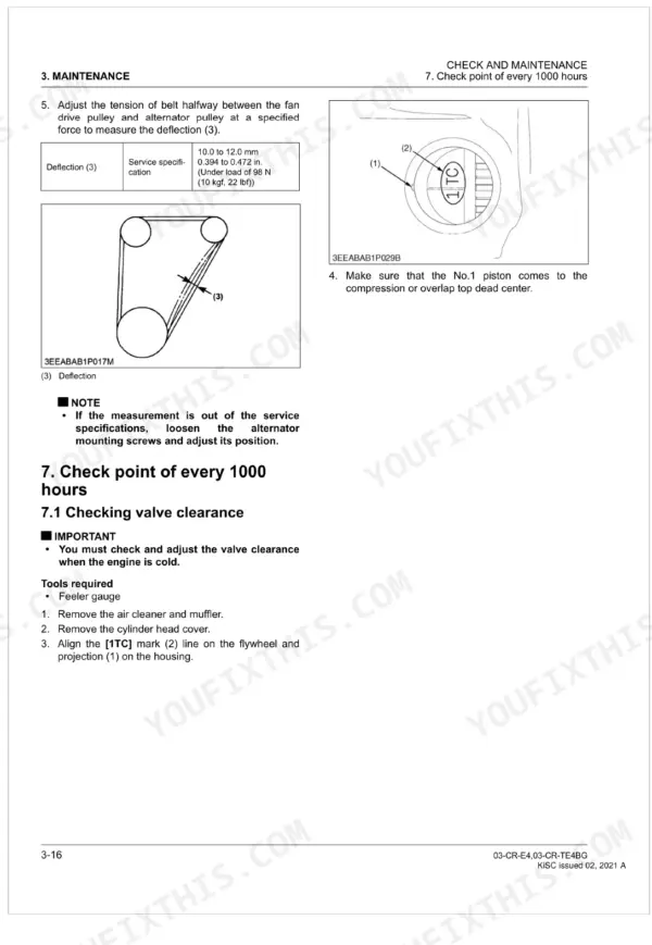 Kubota 03-CR-E4 03-CR-TE4BG belt tension deflection specs and 1000-hour valve clearance check procedure