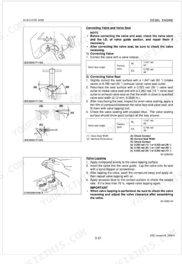 Kubota 03-M-DI-E2B Series D1503 D1703 D1803 V2203 V2403 valve and valve seat correction procedure with lapping diagrams and face angle specs