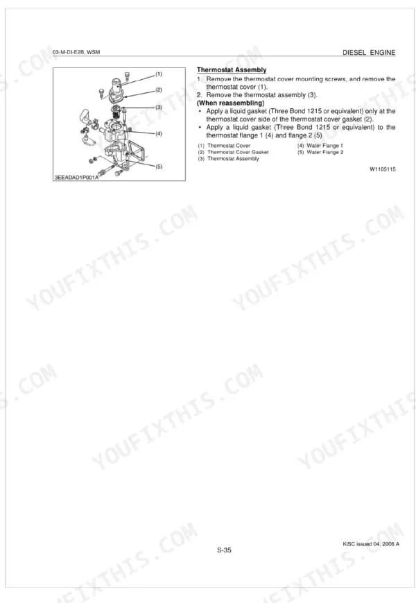 Kubota 03-M-DI-E2B D1503 D1703 D1803 V2203 V2403 thermostat assembly removal and reassembly procedure with exploded diagram