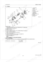 Kubota 03-M-E2B D1503-M V2403-M starter motor exploded view with armature yoke overrunning clutch disassembly steps and B terminal torque specs