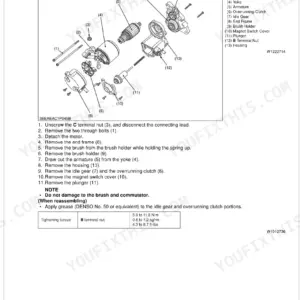 Kubota 03-M-E2B D1503-M V2403-M starter motor exploded view with armature yoke overrunning clutch disassembly steps and B terminal torque specs