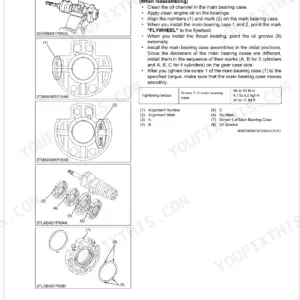 Kubota 03-M-E3B D1503-M V2403-M main bearing case assembly procedure with exploded views and torque specs