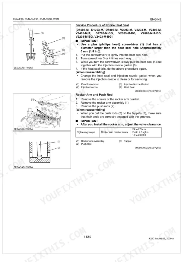 Kubota 03-M-E3B D1503-M V2403-M engine nozzle heat seal service procedure and rocker arm push rod removal steps with torque specs