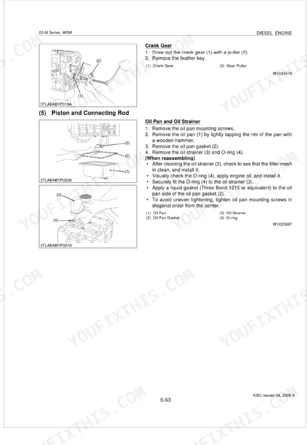 Kubota 03-M Series crank gear removal and oil pan strainer disassembly procedures with diagrams