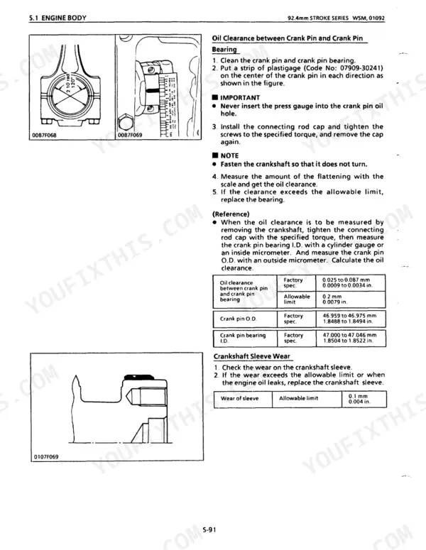 Kubota 03 Series D1403 D1703 V1903 V2203 F2803 crank pin oil clearance specs and crankshaft sleeve wear table