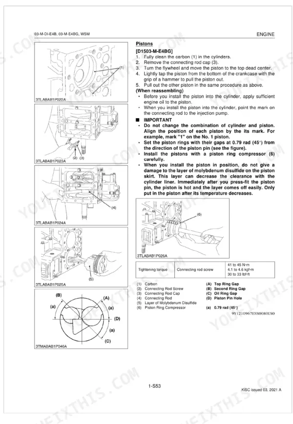 Kubota D1703-M-DI-E4B D1503-M-E4BG piston removal reassembly procedure with ring compressor torque specs