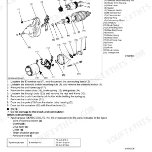 Kubota 05-E2B, 05-E2BG electromagnetic drive starter exploded view with 22 labeled components and disassembly steps