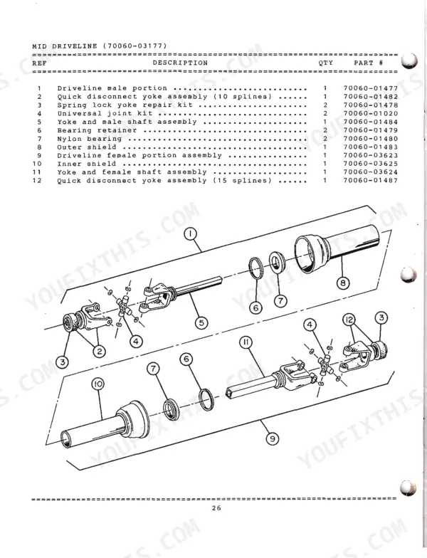 Kubota B 2550 mid driveline 70060-03177 exploded view parts diagram with numbered components including male portion, yoke assembly, universal joint kit, and bearing retainer