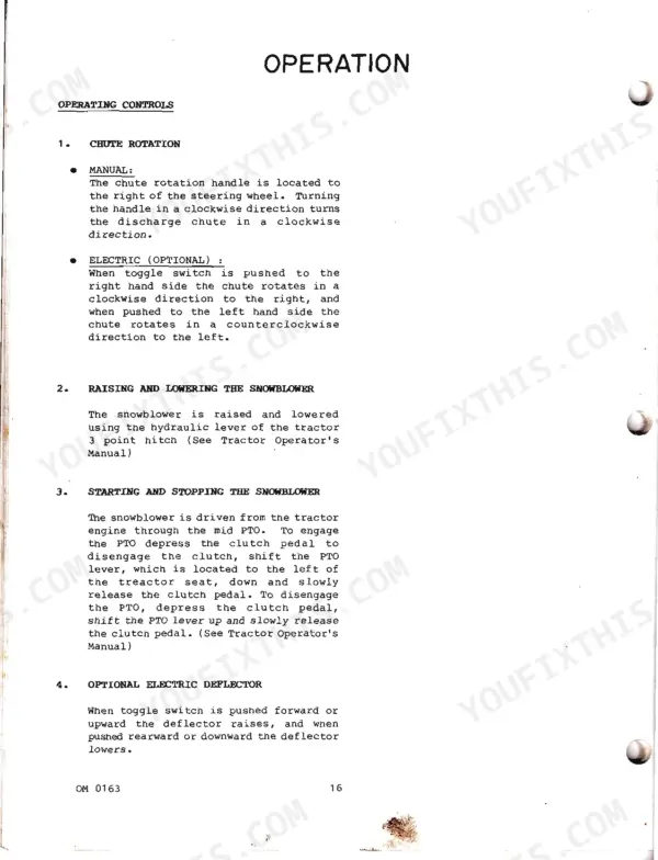 Kubota B 2550 snowblower operation manual page showing chute rotation, raising/lowering, starting/stopping, and electric deflector controls