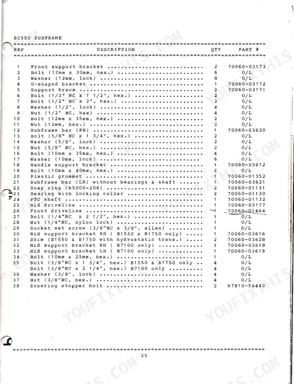 Kubota B2550 subframe parts list with descriptions, quantities, and part numbers for brackets, bolts, washers, nuts, and drivetrain components