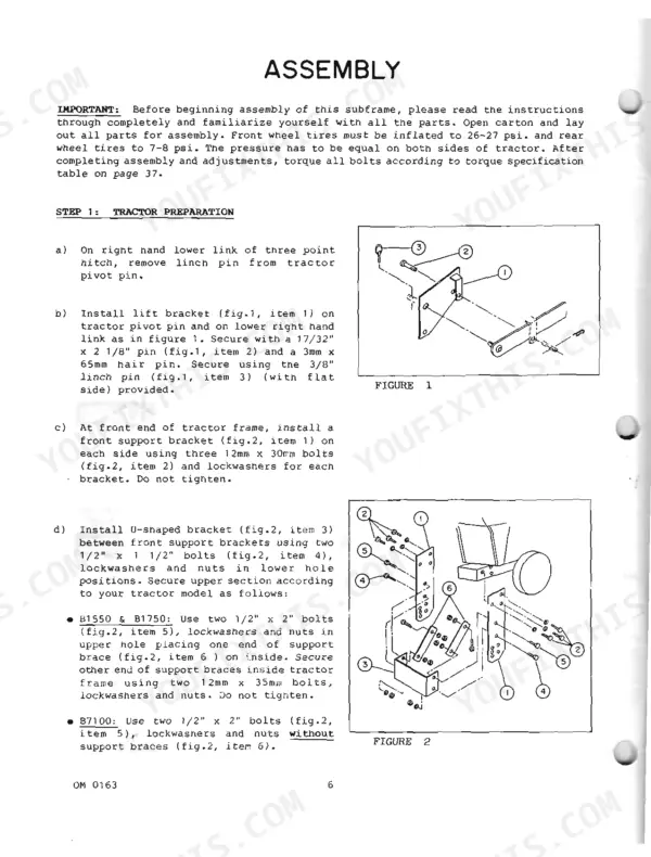 Kubota B2550 subframe assembly procedures Step 1 tractor preparation with lift bracket and front support bracket installation diagrams