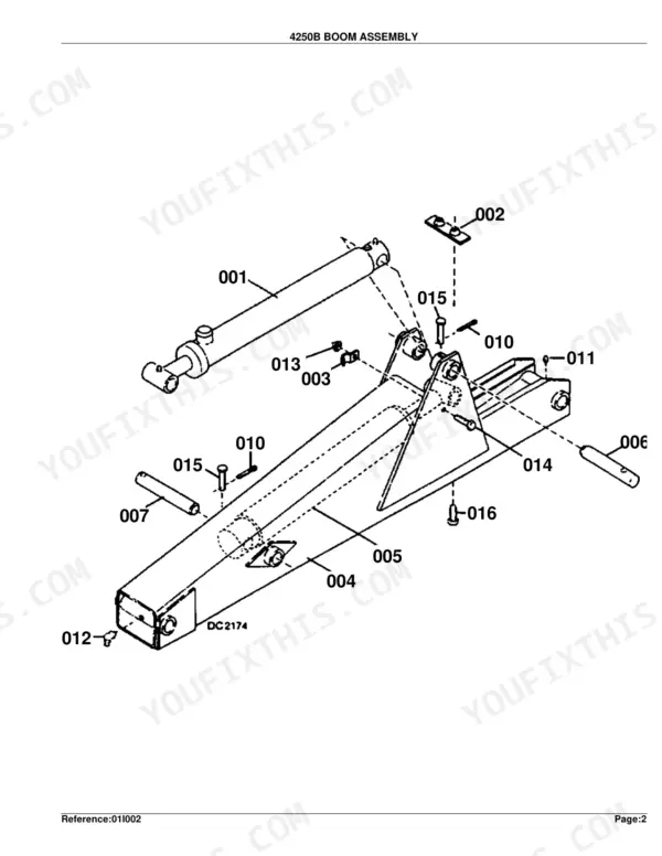 Kubota B/L4520B, L4530B exploded view diagram of 4250B boom assembly showing hydraulic cylinder and mounting hardware.