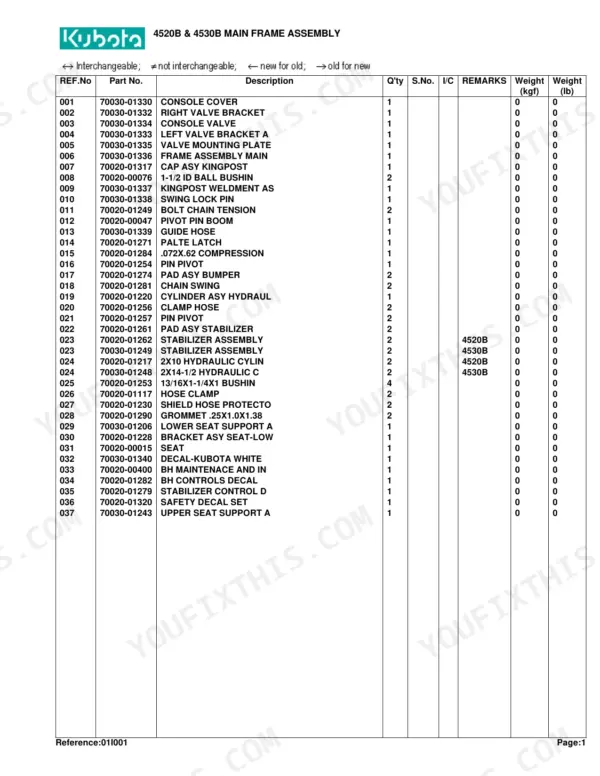 Kubota B/L4520B, L4530B parts list table for main frame assembly, including kingpost, stabilizer, and seat components.
