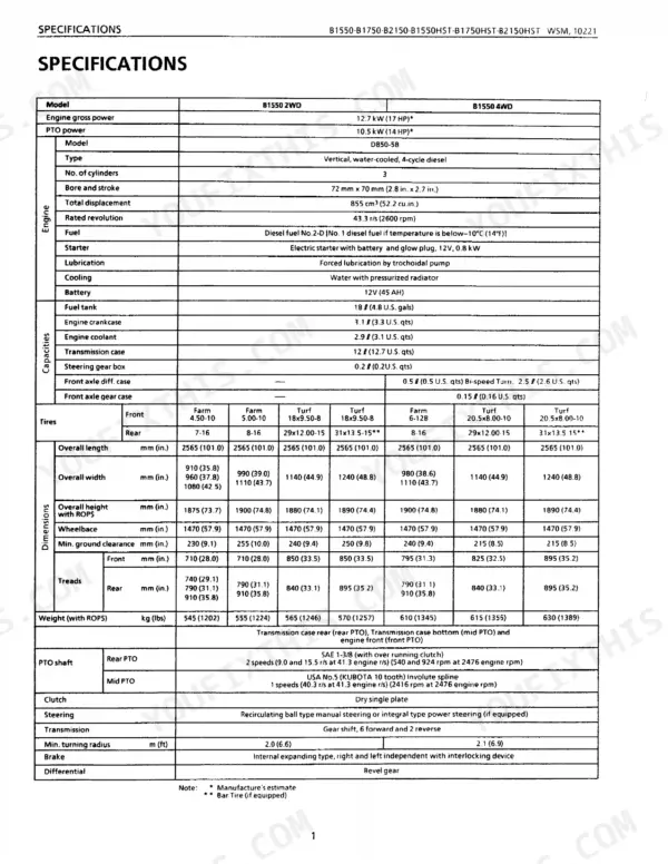 Kubota B1550 B1750 B2150 shop manual specs page with technical specifications table