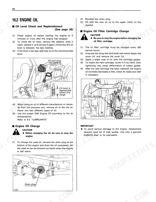 Kubota B1550E B1750D engine oil level check, oil change drain plug, filter cartridge replacement procedures