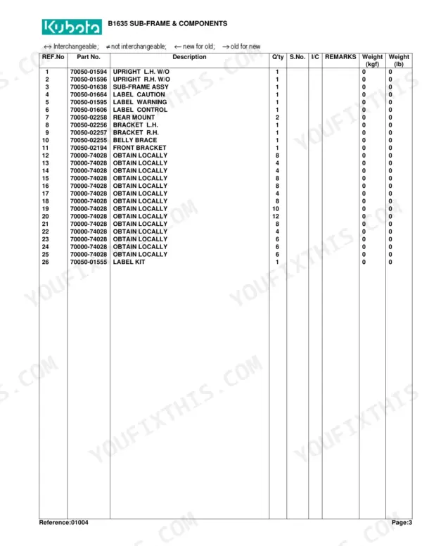 Kubota B1630 parts catalog page 8 table of contents or parts list section