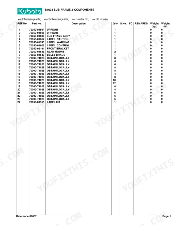 Kubota B1630 parts catalog page 4 parts list with component numbers and descriptions