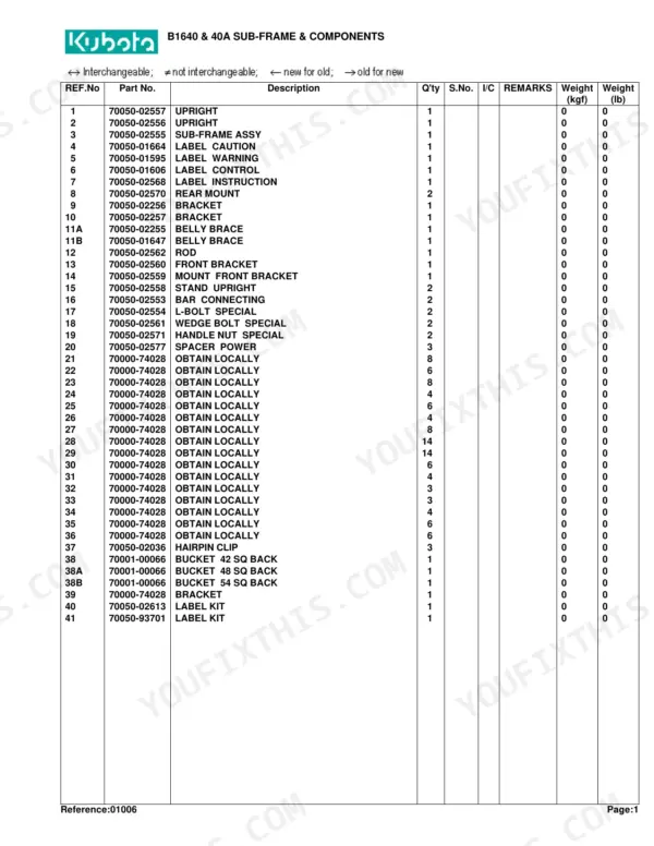 Kubota B1640A B1630 40 40A parts catalog page 4 numbered parts list with component codes
