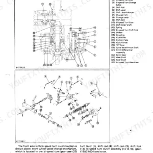 Kubota B1700 B2100 B2400 front axle bi-speed turn type system diagram and exploded view with 25 labeled components including clutch disc, shift fork, bevel gear