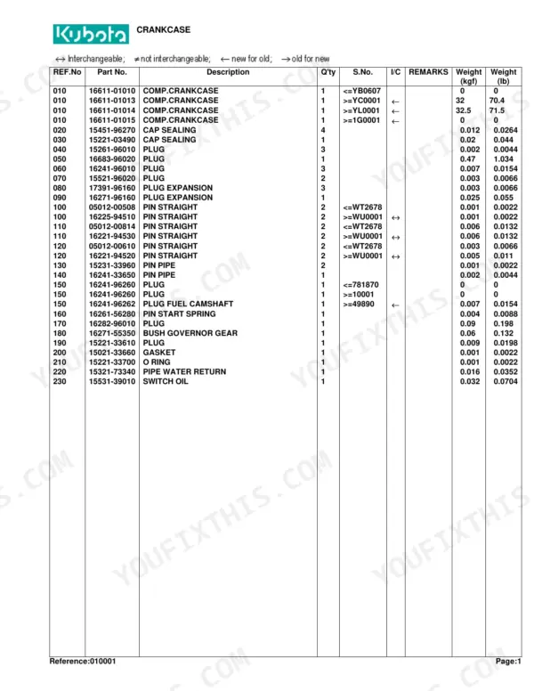 Kubota B1700D B2100D B2400D tractor parts list page 7 with part numbers and descriptions