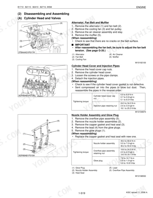 Kubota B1710, B2110, B2410, B2710 engine disassembly procedures for cylinder head, valves, cover, injection pipes, nozzle holder and glow plug with torque specifications