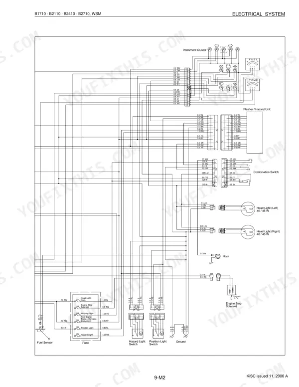 Kubota B1710, B2110, B2410, B2710 electrical system wiring diagram showing instrument cluster, flasher, head lights, horn, engine stop solenoid, and switches