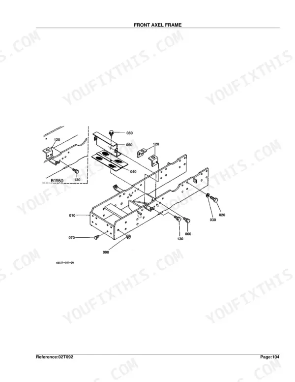 Kubota B1750HST-D front axle frame exploded view diagram with numbered component parts and assembly references