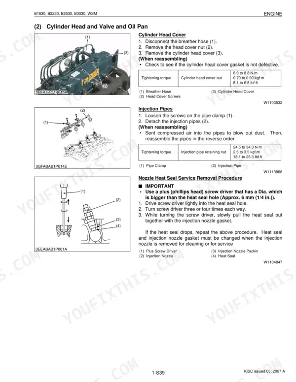 Kubota B1830, B2230, B2530, B3030 engine cylinder head cover, injection pipes, and nozzle heat seal removal procedures with torque specifications