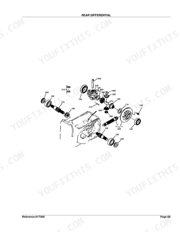 Kubota B20 rear differential exploded view with numbered gears, bearings, axle shafts, and housing components