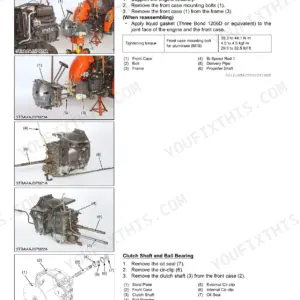 Kubota B2050, B2350, B2650, B3150 transmission front case disassembly assembly exploded view with torque specifications and clutch shaft ball bearing diagram