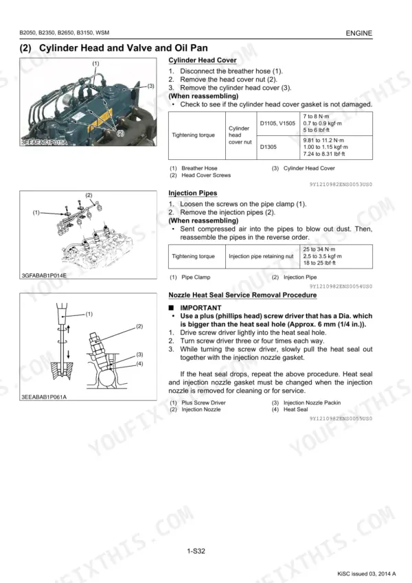 Kubota B2050, B2350, B2650, B3150 cylinder head, valve, oil pan removal and injection pipe service procedures with torque specifications