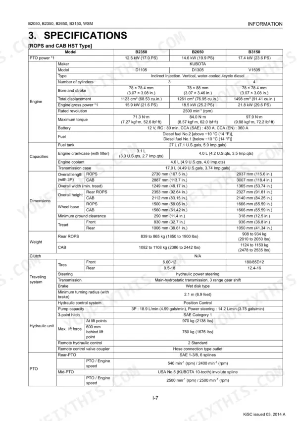 Kubota B2050, B2350, B2650, B3150 specifications table covering engine, capacities, dimensions, weight, traveling system, hydraulic unit, and PTO